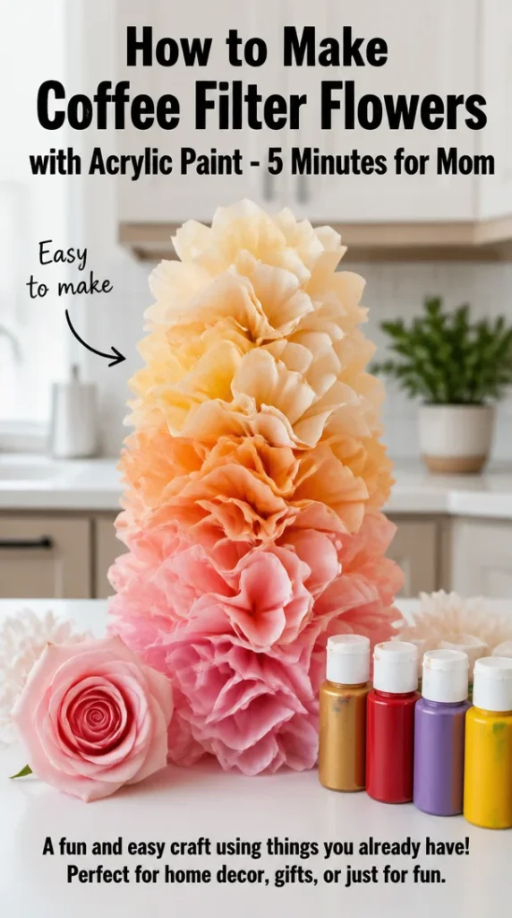 Colorful coffee filter flowers painted with acrylics for a fun craft project.