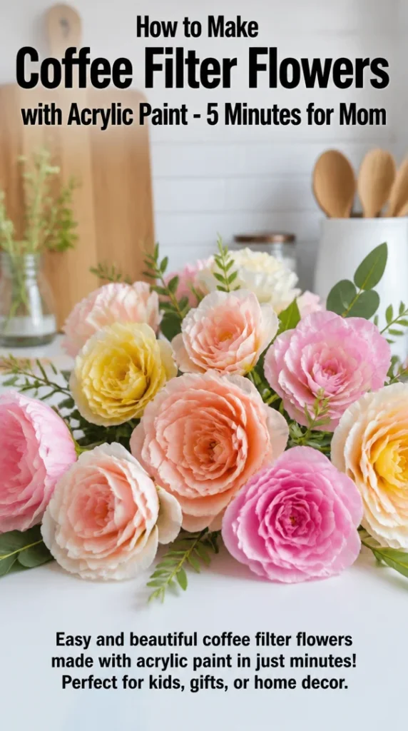 Colorful coffee filter flowers created with acrylic paint for DIY projects