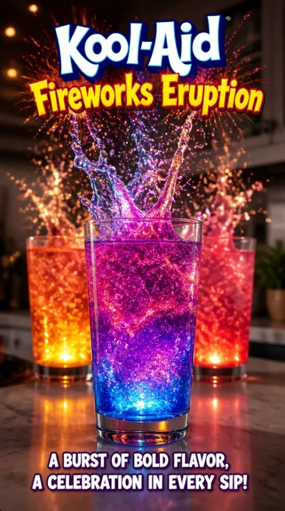 Colorful Kool-Aid Fireworks eruption in a glass, showcasing vibrant flavors.