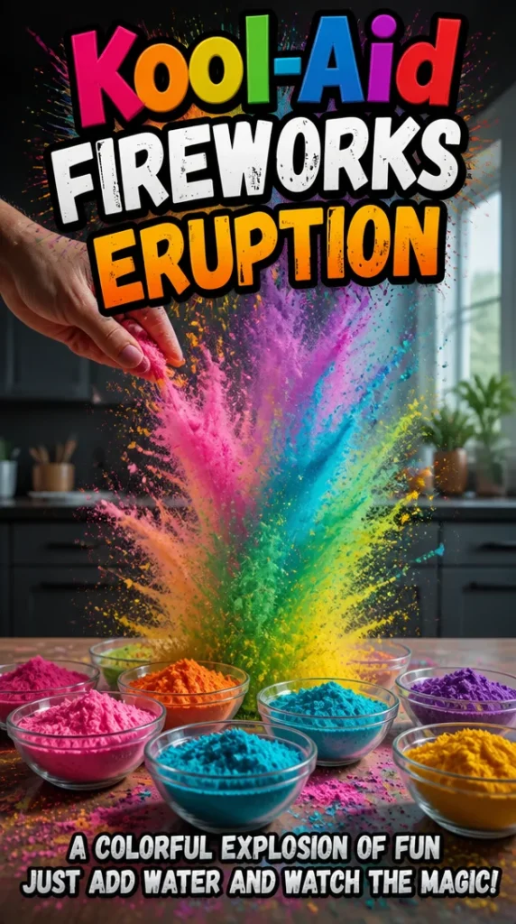 A colorful display of Kool-Aid Fireworks bursting in the air.