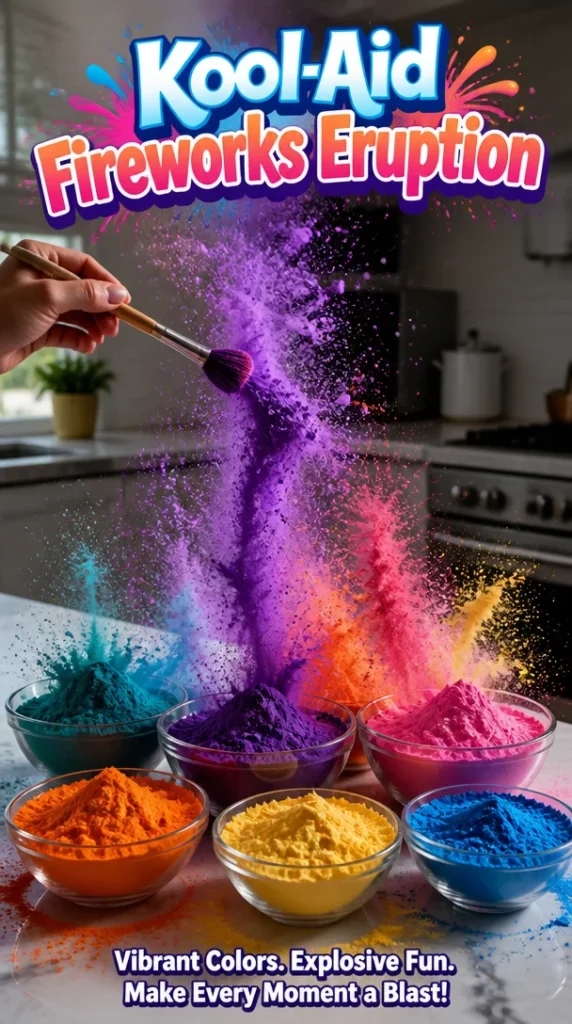 Colorful Kool-Aid Fireworks eruption in a glass.