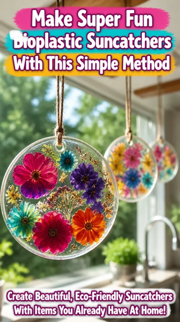 Colorful bioplastic suncatchers hanging in sunlight, showcasing a fun DIY craft.