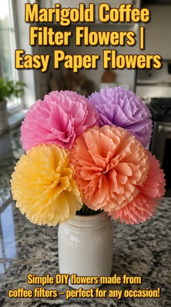 Colorful marigold coffee filter paper flowers for DIY crafts