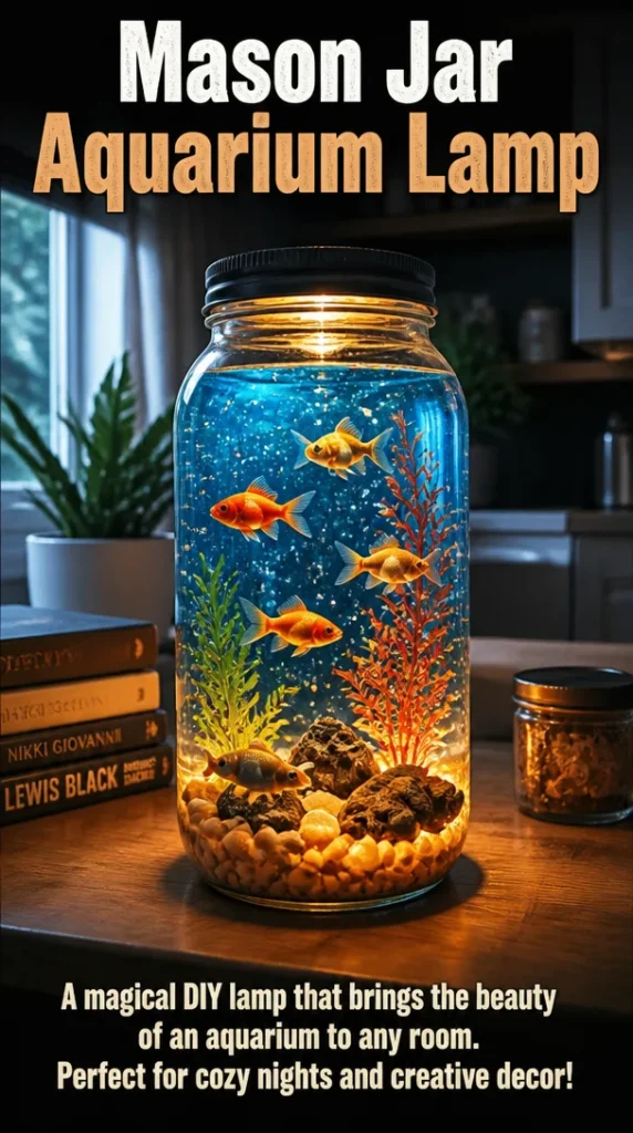 Mason Jar Aquarium Lamp illuminating a stylish indoor aquarium setup.