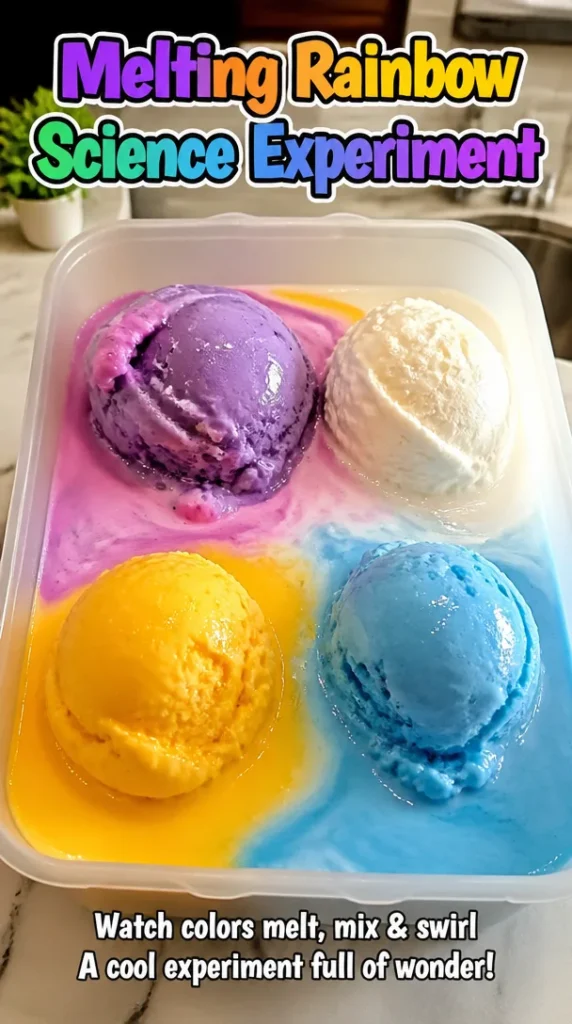 Children conducting the melting rainbow science experiment with vibrant colors