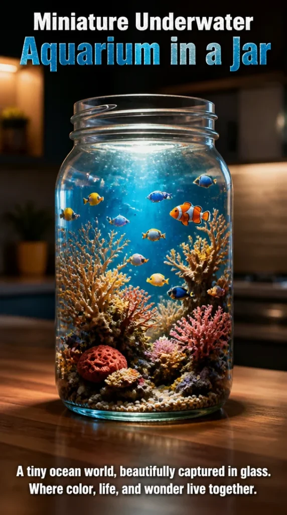 Miniature underwater aquarium in a jar with vibrant aquatic plants and fish.
