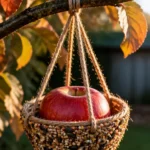 Natural apple bird feeder designed to attract wild birds in your garden.