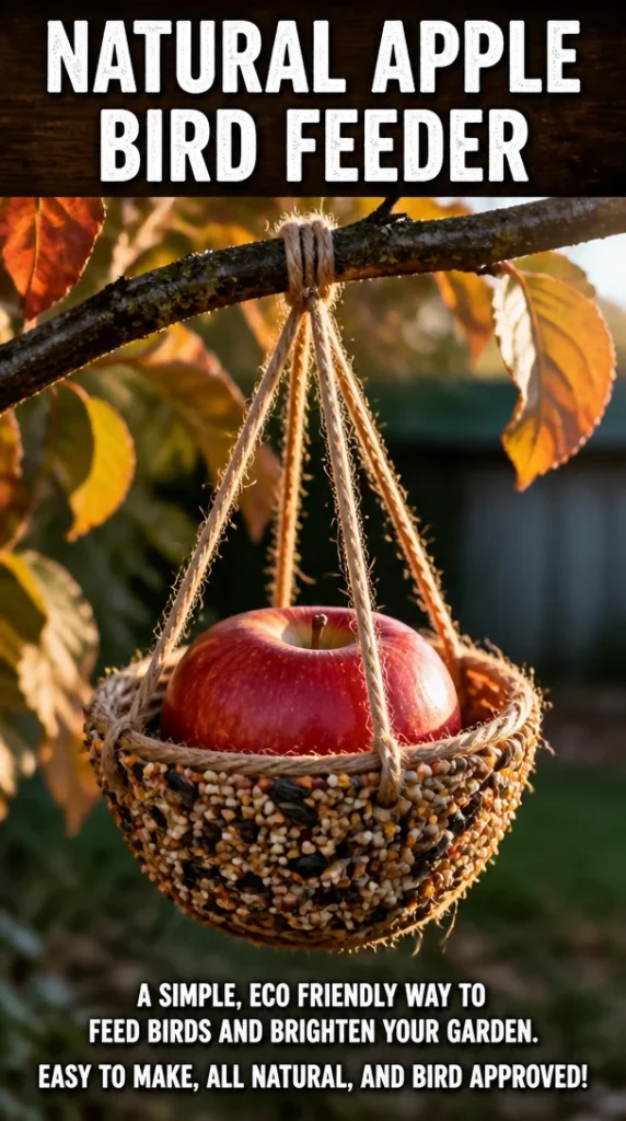 Natural apple bird feeder designed to attract wild birds in your garden.