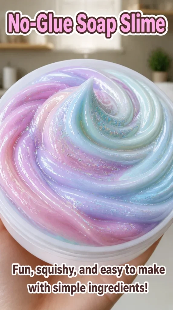 Colorful no-glue soap slime in a clear bowl, ideal for sensory play.
