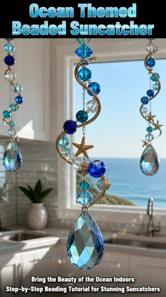 Ocean themed beaded suncatcher, vibrant colors reflecting sunlight.