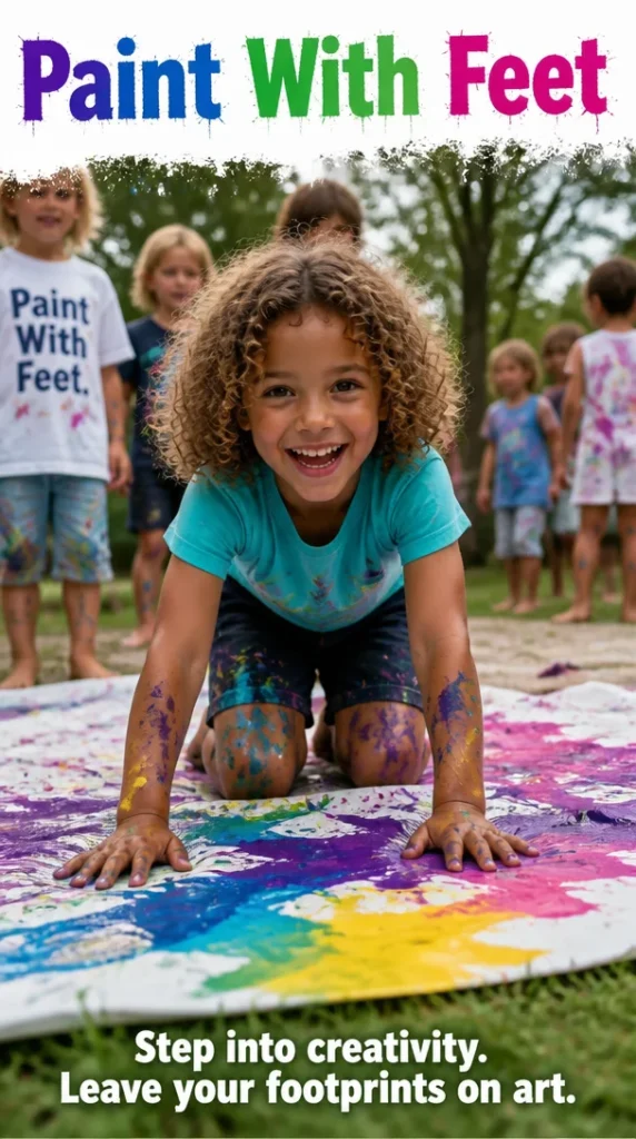 A child joyfully painting with feet on a canvas, showcasing creativity and fun.