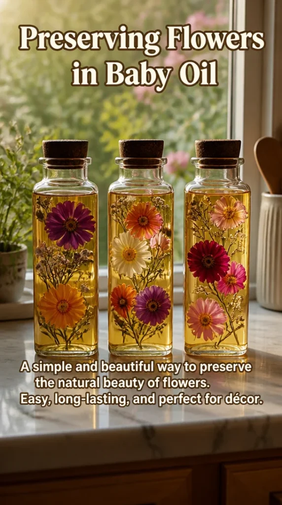 Dried flowers preserved in baby oil for long-lasting display