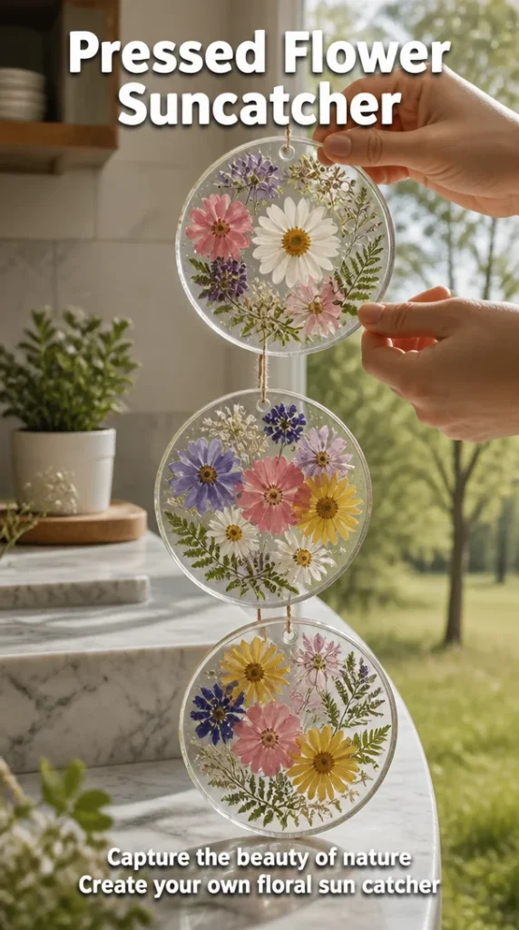Beautiful pressed flower suncatcher catching sunlight