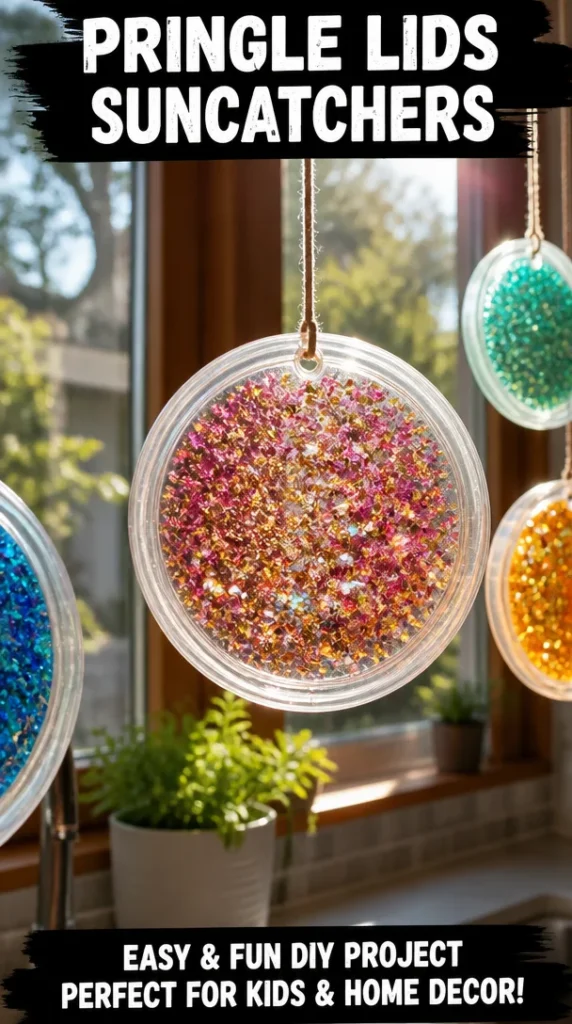DIY Pringle lids suncatchers hanging in sunlight for colorful home decor