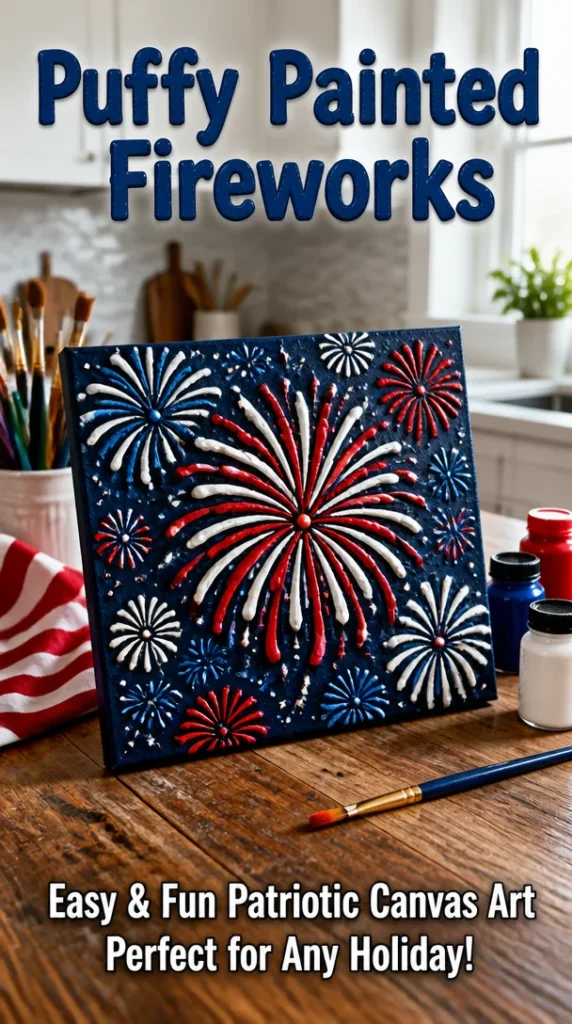 Colorful puffy painted fireworks art displaying vibrant colors and textures.