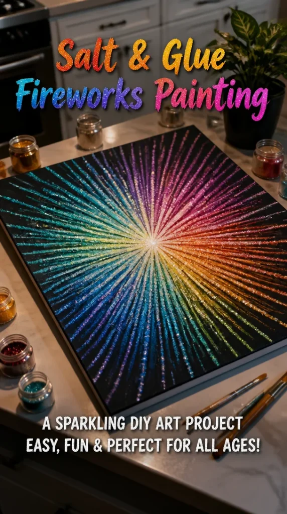 Colorful fireworks painting created using Salt & Glue technique