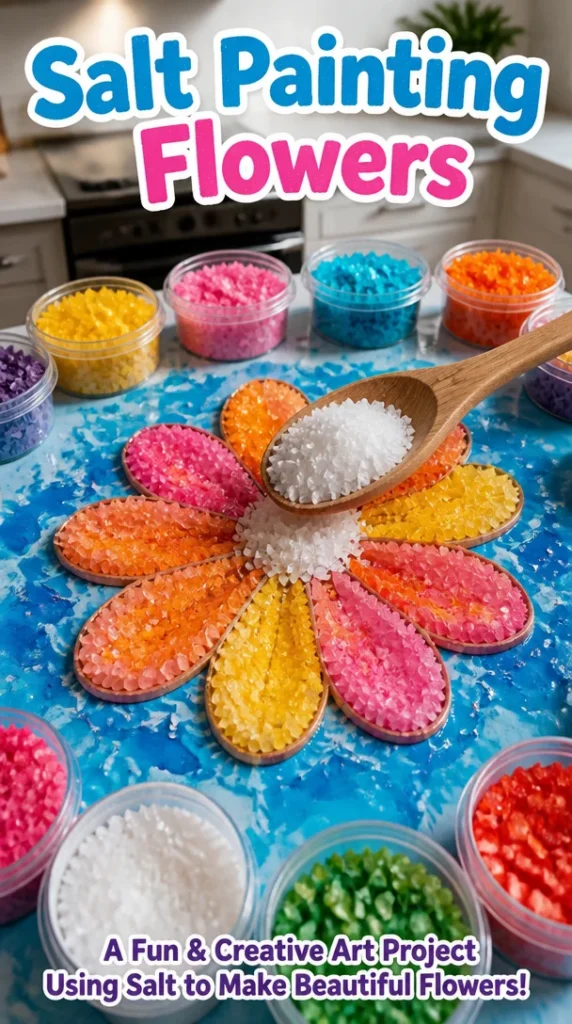 Colorful salt painting of beautiful flowers created with salt art techniques.