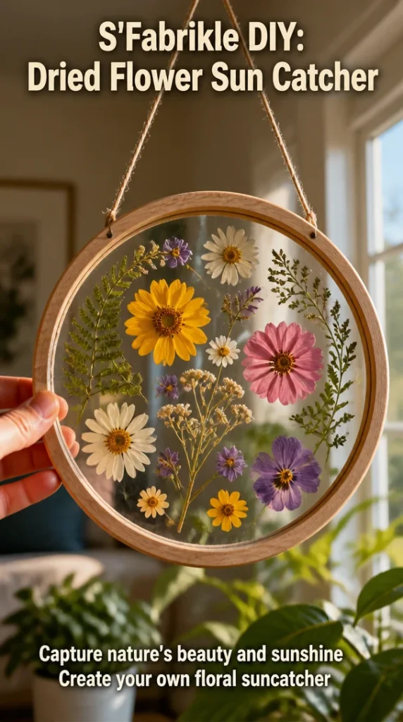 DIY dried flower sun catcher tutorial with vibrant flowers and sunlight effects