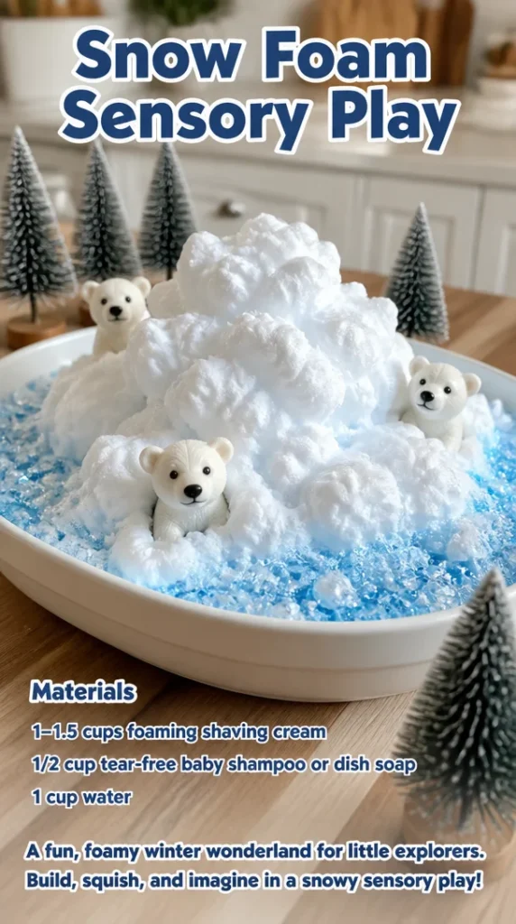 Children enjoying snow foam sensory play with colorful foam and toys.
