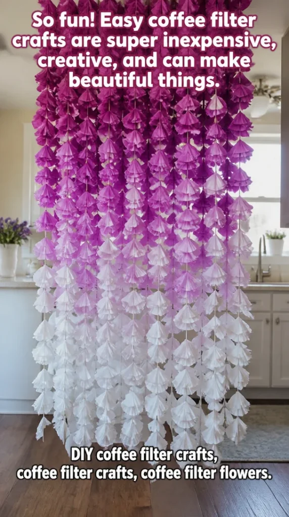 Colorful coffee filter crafts showing beautiful flowers and DIY decorations.