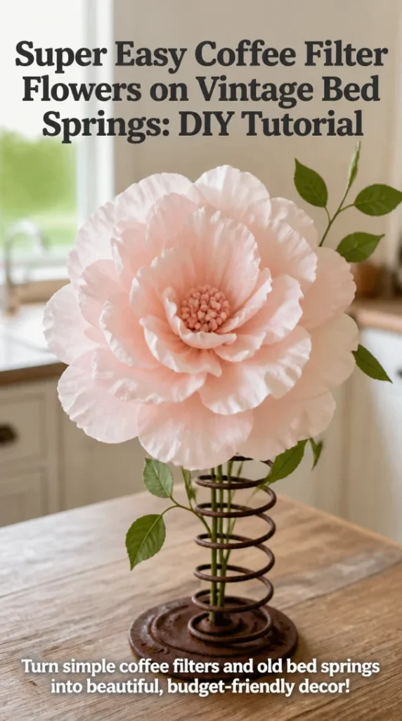 DIY coffee filter flowers displayed on vintage bed springs for home decor.