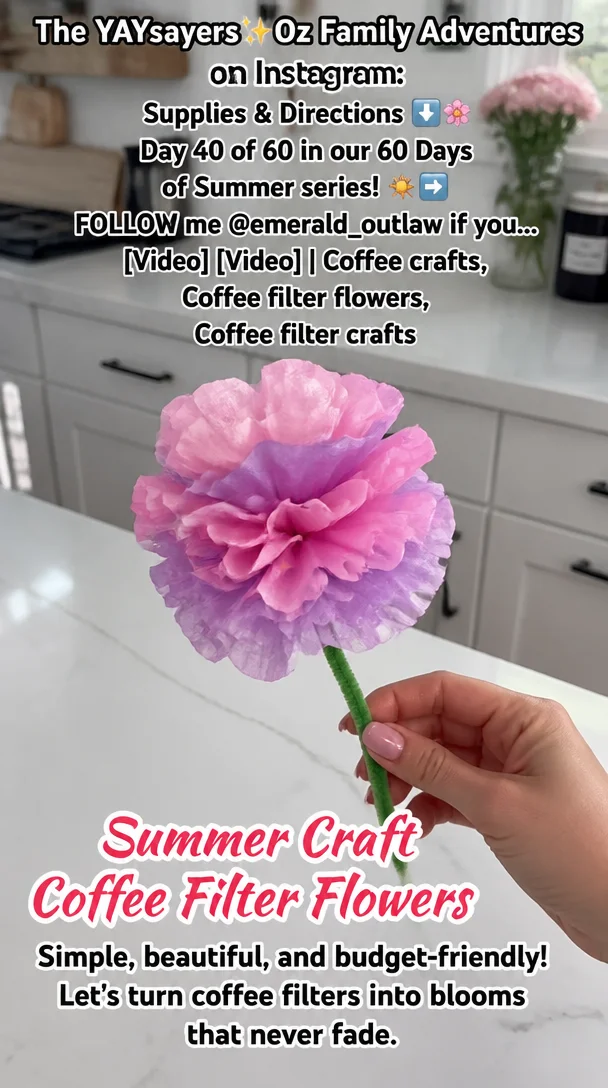 The YAYsayers✨Oz Family Adventures on Instagram: "Supplies & Directions ⬇️🌸 Day 40 of 60 in our 60 Days of Summer series! ☀️➡️ FOLLOW me @emerald_outlaw if you… [Video] [Video] | Coffee crafts, Coffee filter flowers, Coffee filter crafts