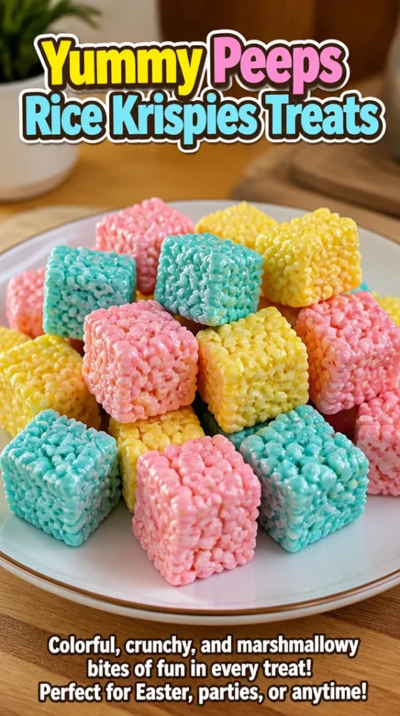 Colorful Peeps Rice Krispies Treats with marshmallows and cereal