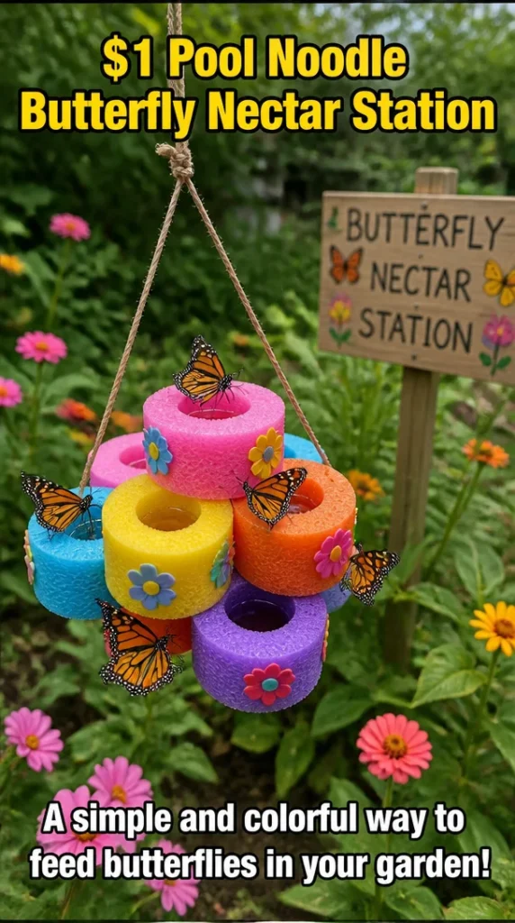 Colorful $1 Pool Noodle Butterfly Nectar Station for attracting butterflies