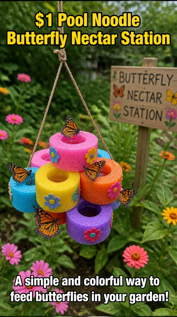 Colorful $1 Pool Noodle Butterfly Nectar Station for attracting butterflies