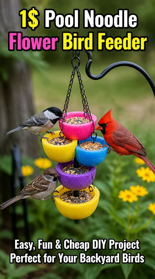 DIY 1 dollar pool noodle flower bird feeder for colorful backyard birds