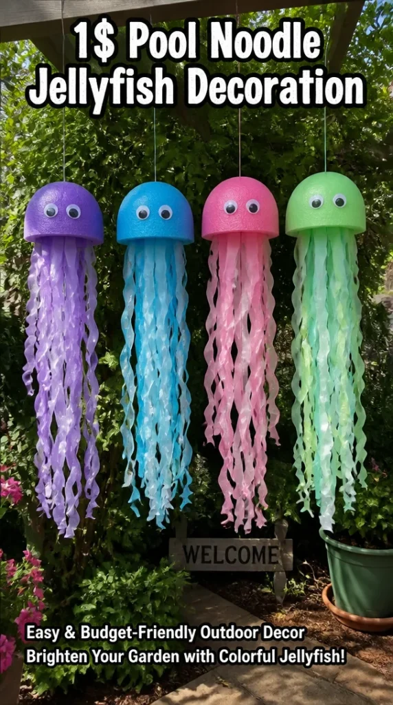 Colorful pool noodle jellyfish decoration hanging in a festive setting