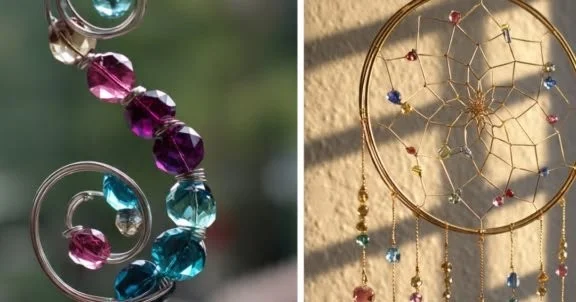 Colorful DIY bead and wire sun catchers hanging in sunlight