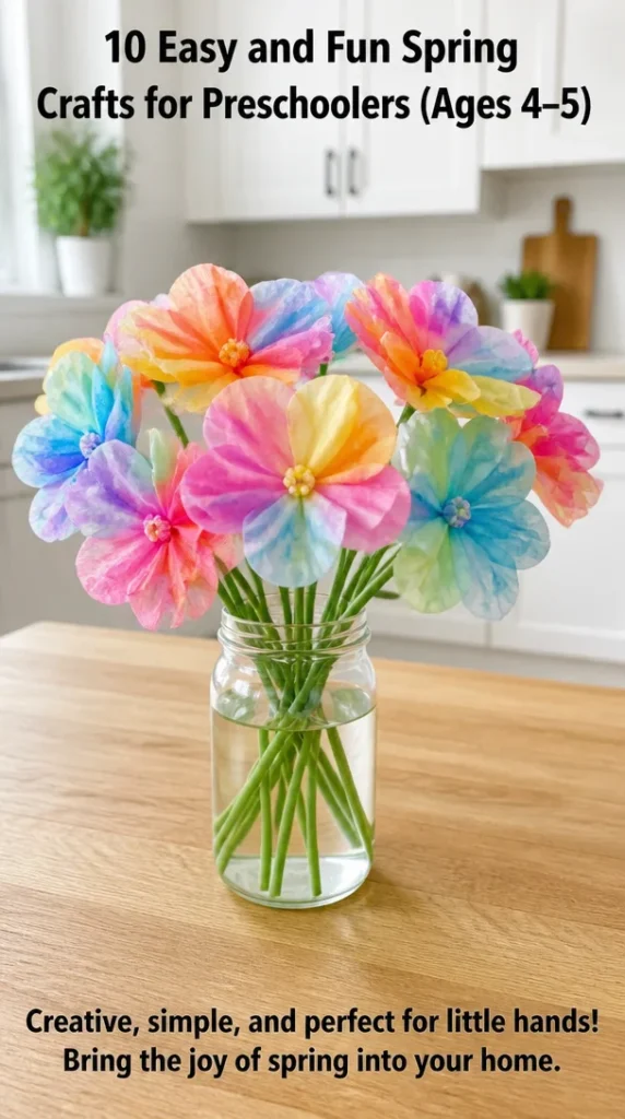 Spring crafts for preschoolers featuring colorful art projects