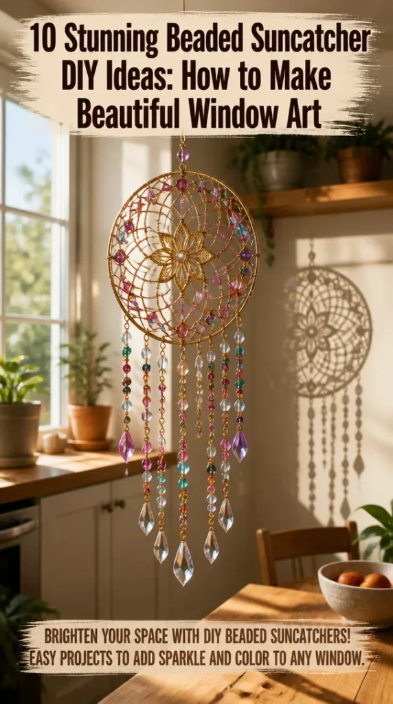 Colorful beaded suncatcher hanging in a sunny window, showcasing DIY art.