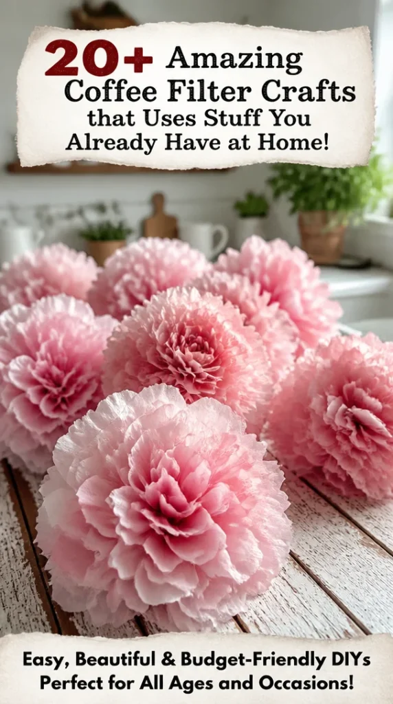 Colorful coffee filter crafts displayed creatively on a table