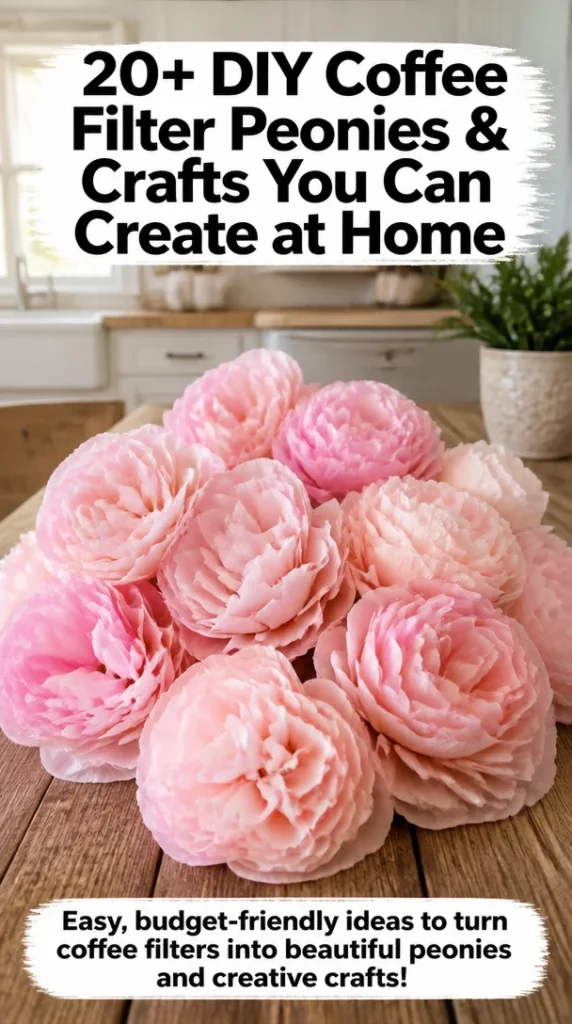 Beautiful DIY coffee filter peonies crafted at home for decor and gifts