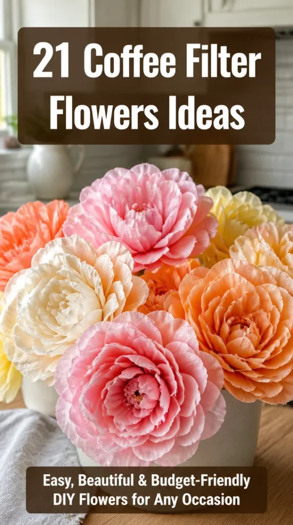 Colorful DIY coffee filter flowers in various designs and arrangements.
