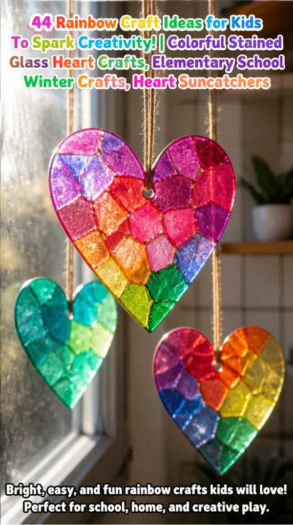 Colorful rainbow craft ideas for kids showcasing heart suncatchers and stained glass crafts.