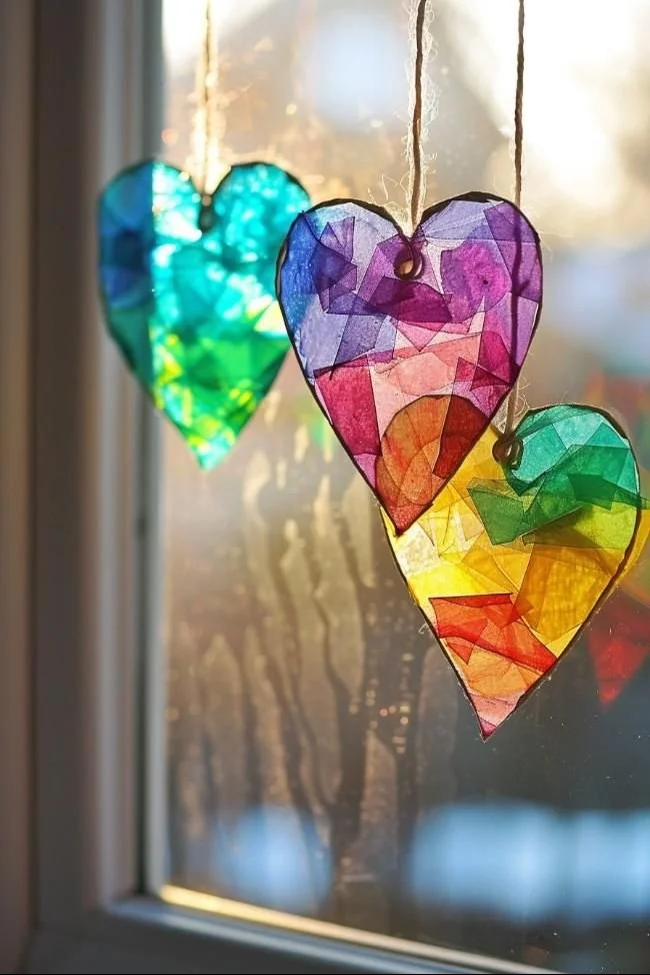 44 Rainbow Craft Ideas for Kids To Spark Creativity! | Colorful Stained Glass Heart Crafts, Elementary School Winter Crafts, Heart Suncatchers