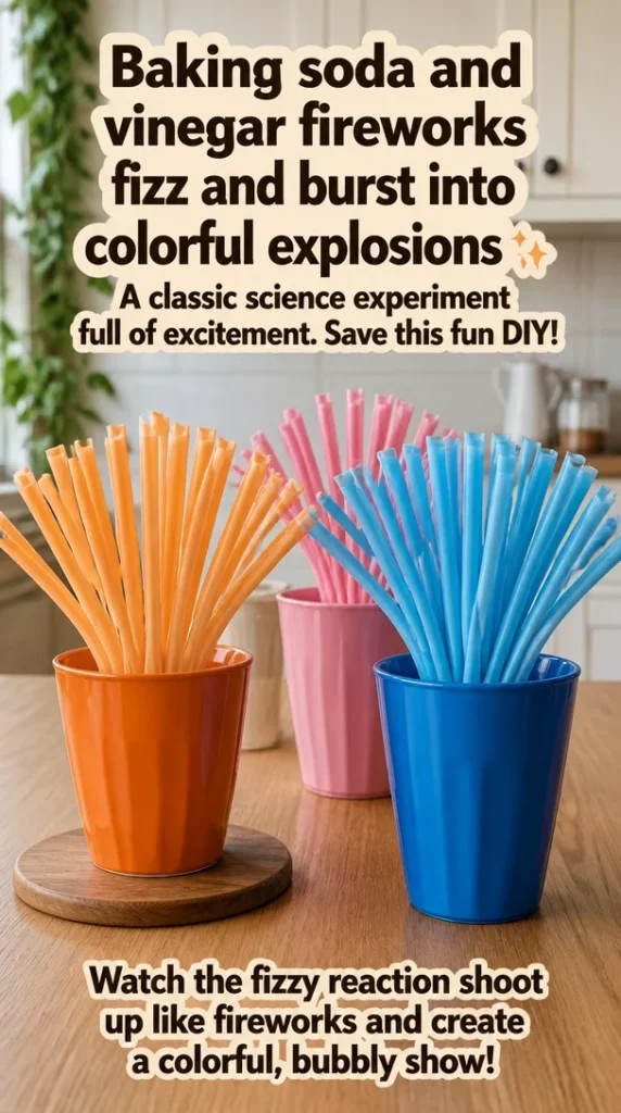 Baking soda and vinegar erupting in colorful explosions during a science experiment.