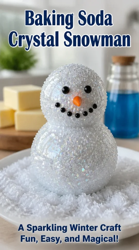 A sparkling Baking Soda Crystal Snowman decoration for winter festivities