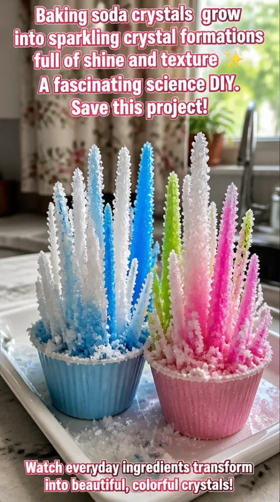 Sparkling baking soda crystals in unique formations showcasing shine and texture