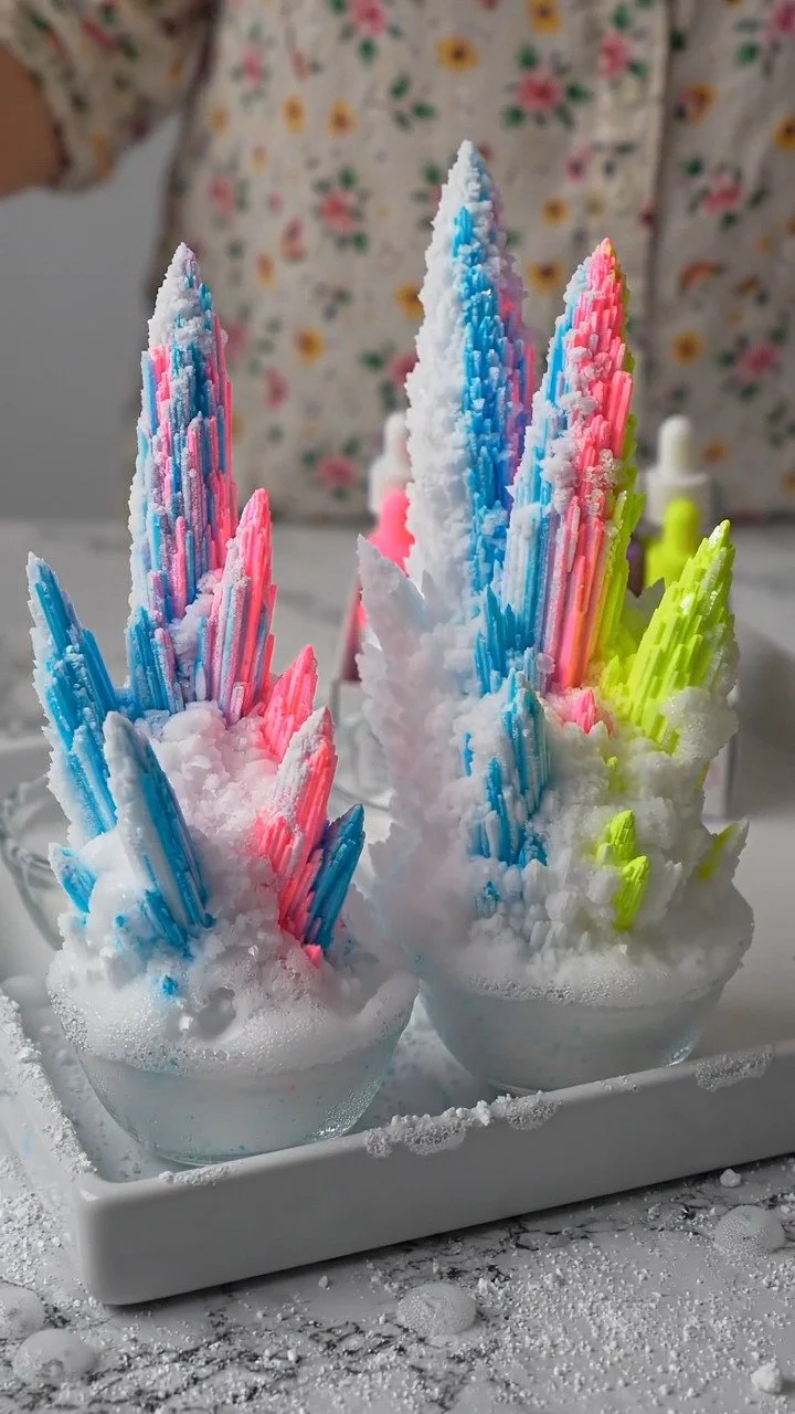 Baking soda crystals grow into sparkling crystal formations full of shine and texture ✨ A fascinating science DIY. Save this project!