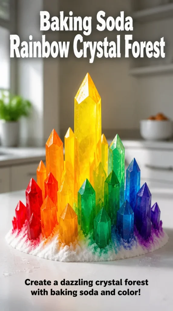 Colorful baking soda rainbow crystal forest created with simple ingredients.