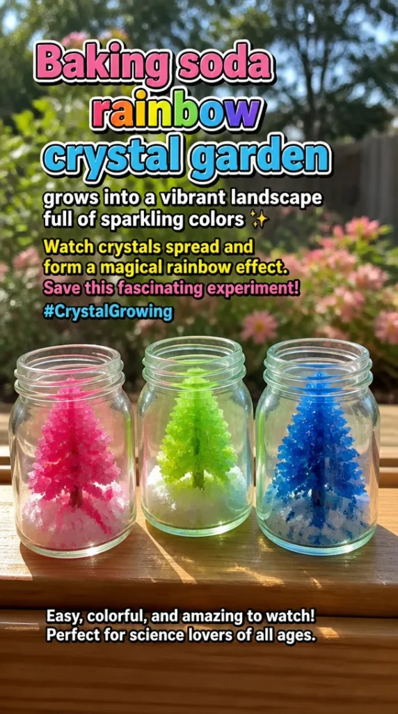 Vibrant baking soda rainbow crystal garden sparkling in various colors