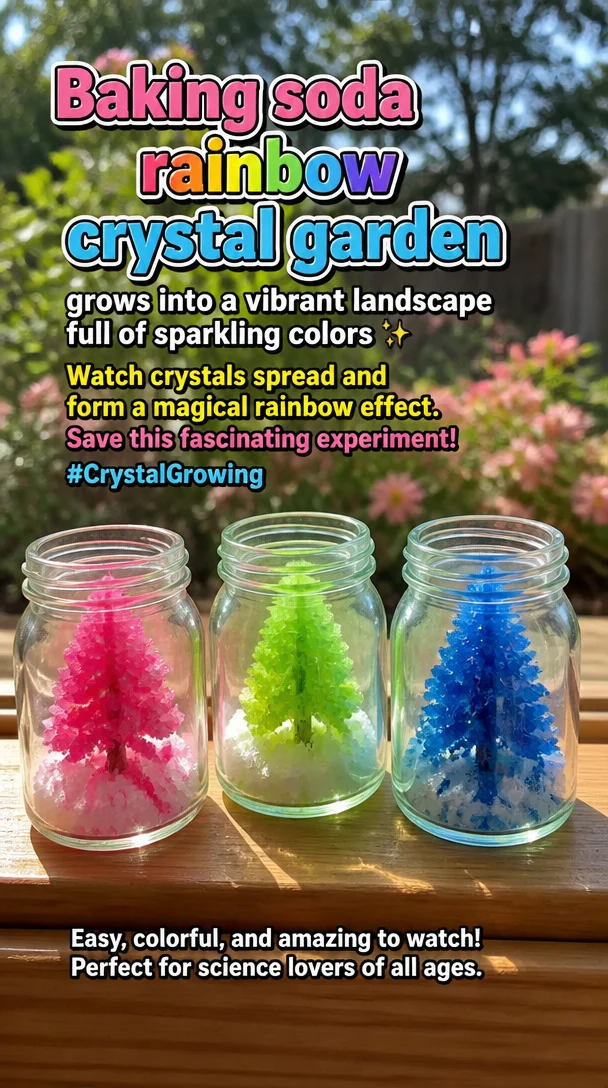 Vibrant baking soda rainbow crystal garden sparkling in various colors