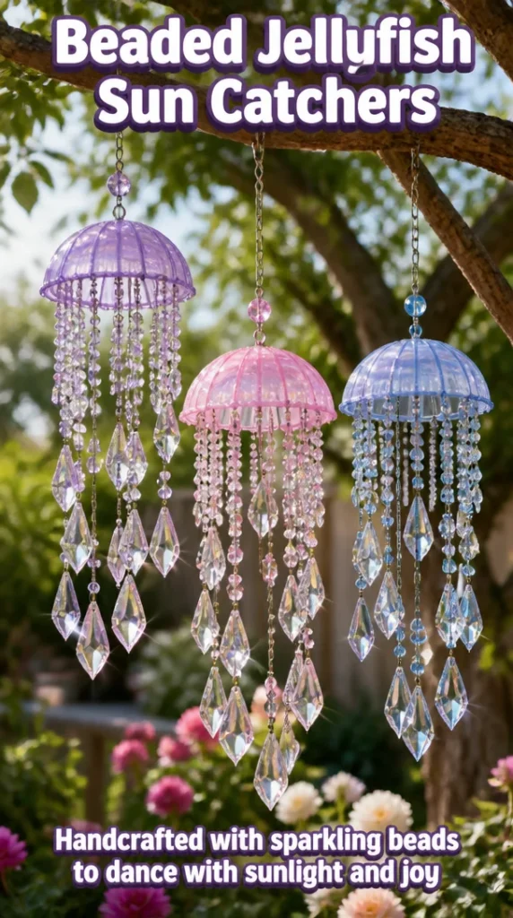 Colorful beaded jellyfish sun catchers sparkling in sunlight.