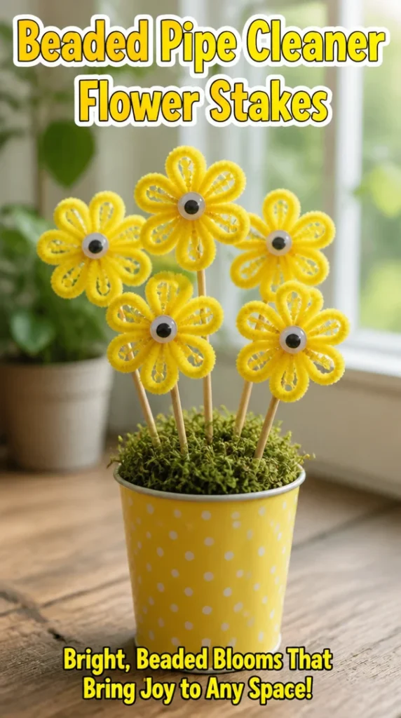 Colorful beaded pipe cleaner flower stakes for gardening and craft projects