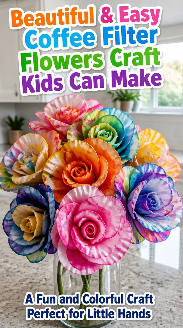 Colorful coffee filter flowers made by kids in a fun craft project