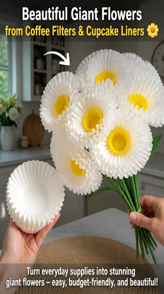 Giant flowers made from coffee filters and cupcake liners in vibrant colors.